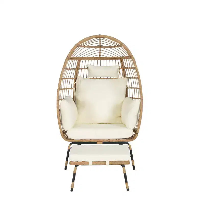 GDFStudio Isaac Fauteuil d'extérieur œuf en osier et métal avec pouf et coussins épais