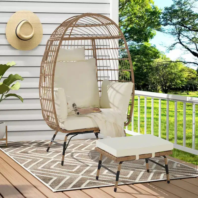 GDFStudio Isaac Outdoor Wicker and Metal Egg Chair with Ottoman and Thick Cushions