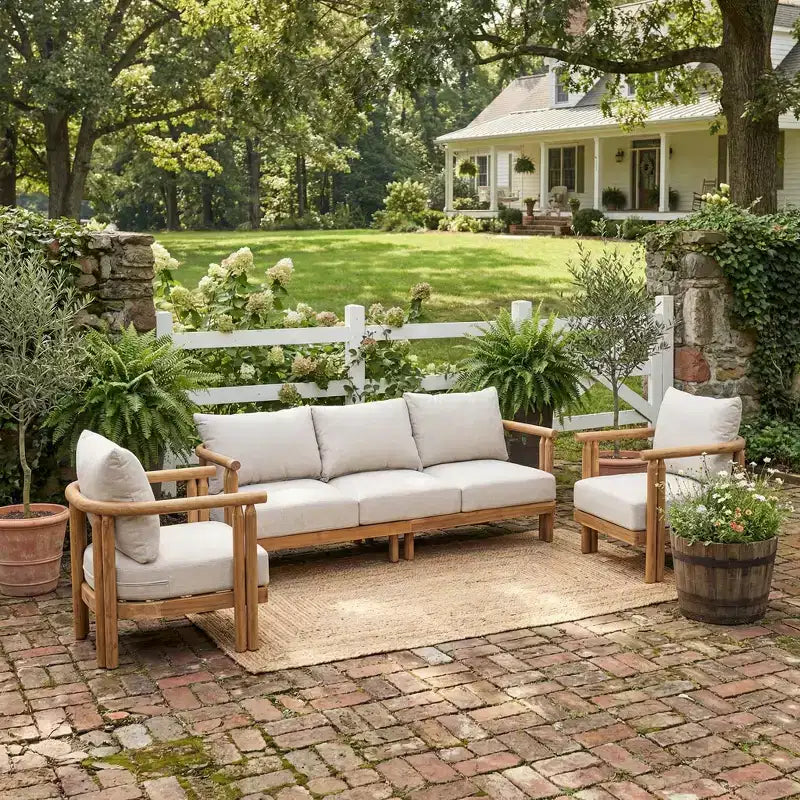 ModernLuxe 3pcs Patio Sofa Set Outdoor Conversation Chat Set Weather-resistant Garden Seating Group with Soft Cushions&Club Chairs, Beige&Teak