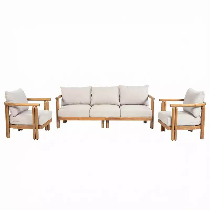 ModernLuxe Ensemble de canapés de patio 3 pièces, salon de conversation extérieur résistant aux intempéries avec coussins moelleux et fauteuils club, beige et teck