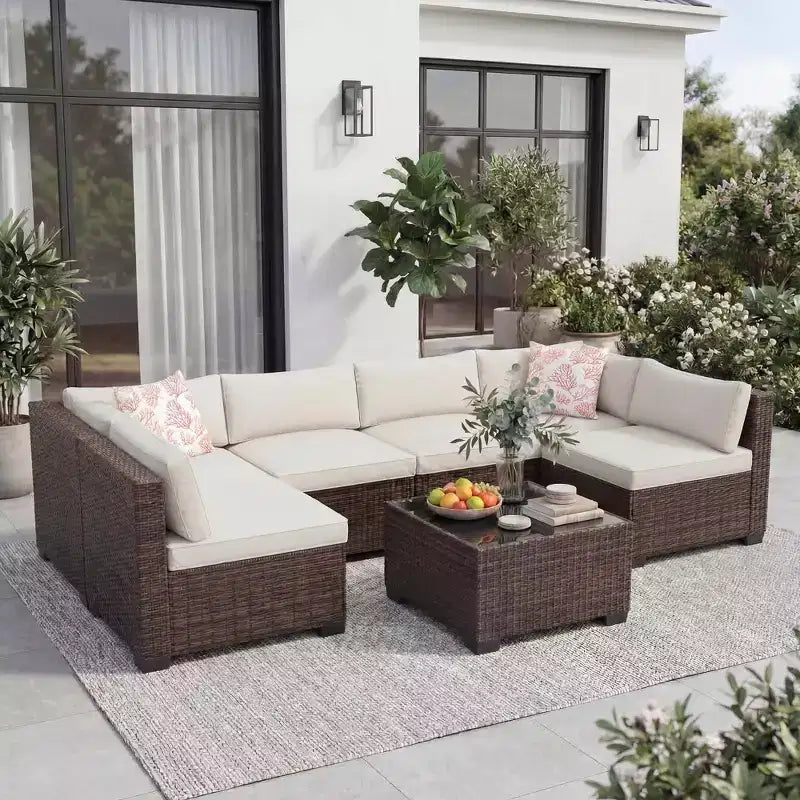 Ensemble de canapé d'angle d'extérieur en osier 7 pièces avec coussins lavables et table basse en verre pour terrasse, jardin et piscine