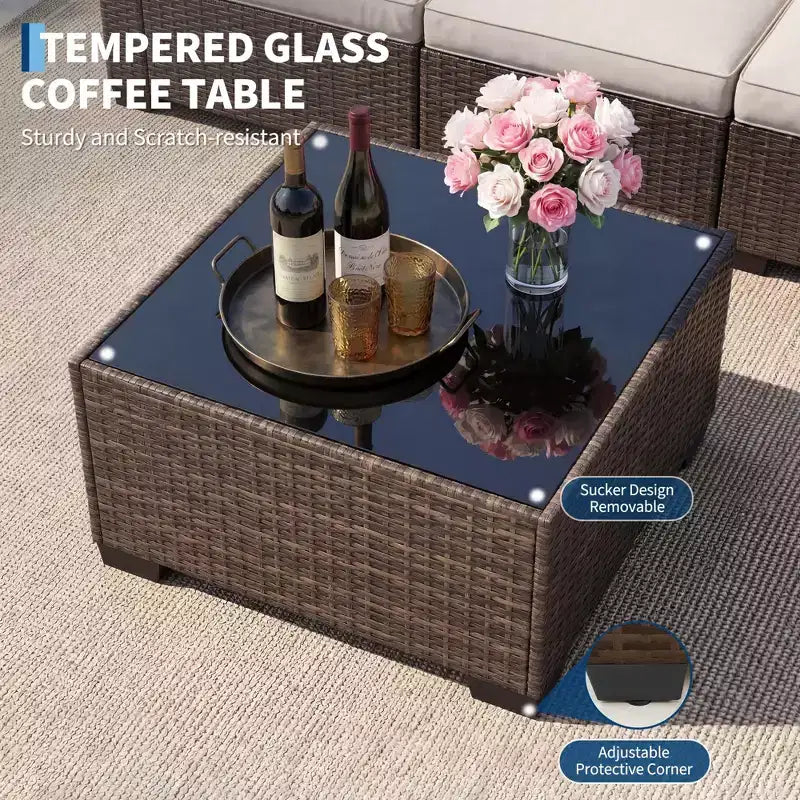 Ensemble de canapé d'angle d'extérieur en osier 7 pièces avec coussins lavables et table basse en verre pour terrasse, jardin et piscine
