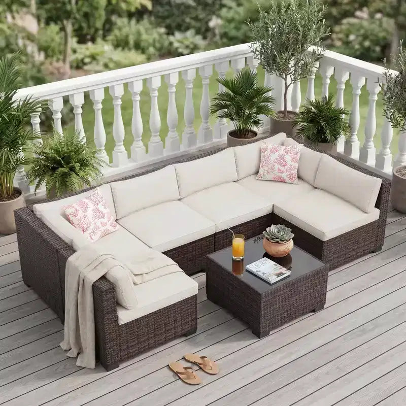 Ensemble de canapé d'angle d'extérieur en osier 7 pièces avec coussins lavables et table basse en verre pour terrasse, jardin et piscine