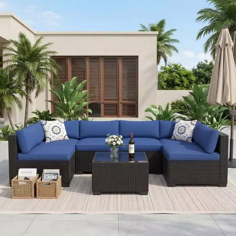 Ensemble de canapé d'angle d'extérieur en osier 7 pièces avec coussins lavables et table basse en verre pour terrasse, jardin et piscine
