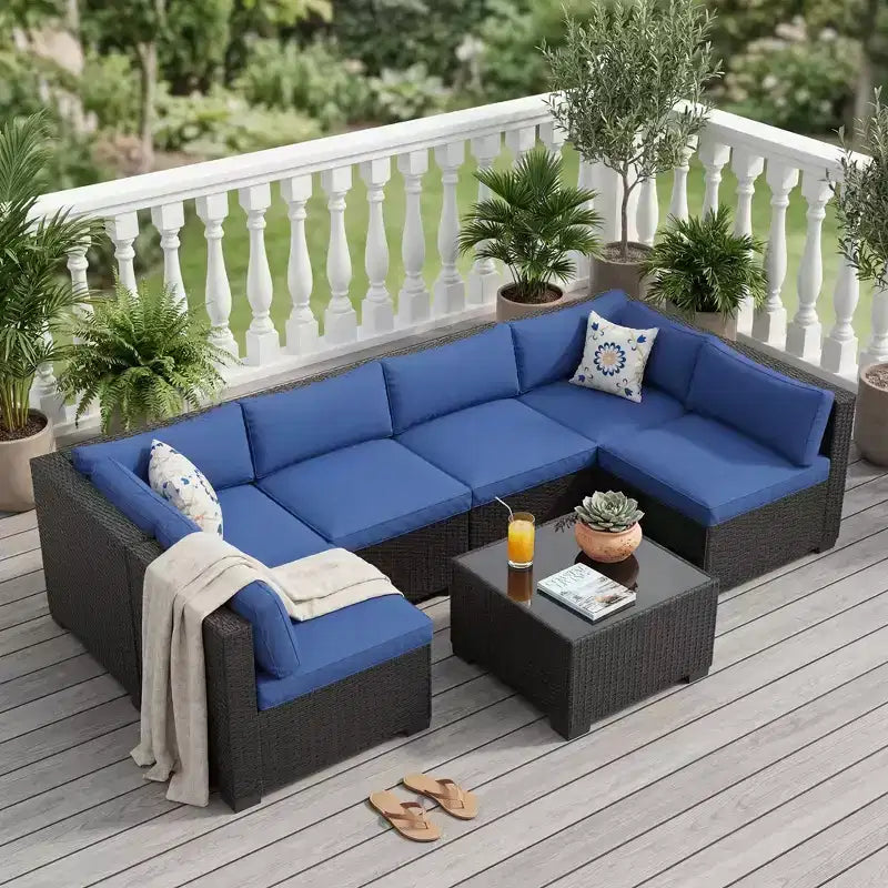 Ensemble de canapé d'angle d'extérieur en osier 7 pièces avec coussins lavables et table basse en verre pour terrasse, jardin et piscine