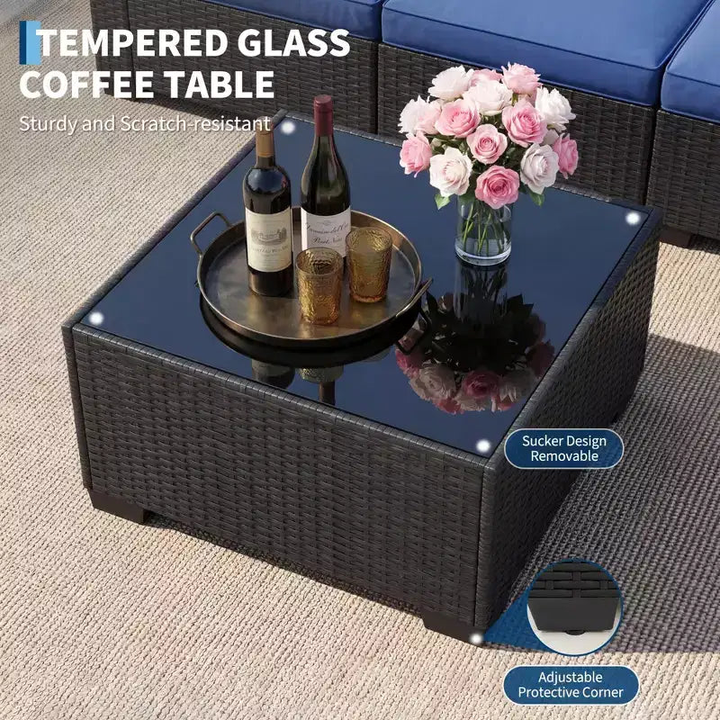 Ensemble de canapé d'angle d'extérieur en osier 7 pièces avec coussins lavables et table basse en verre pour terrasse, jardin et piscine