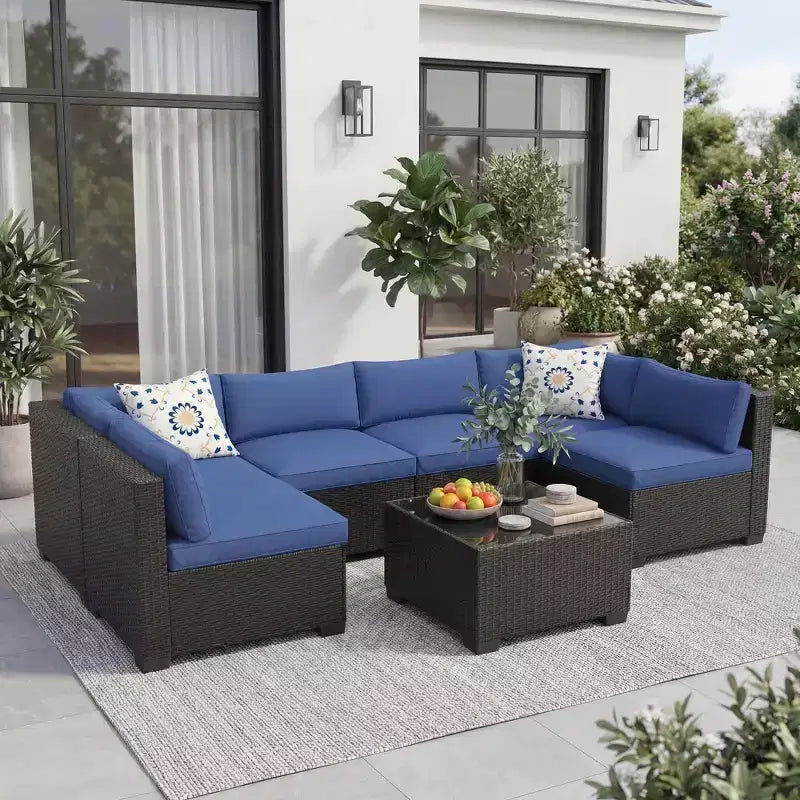 7-Piece Outdoor Wicker Sectional Sofa Set with Washable Cushions and Glass Coffee Table for Patio, Backyard & Poolside