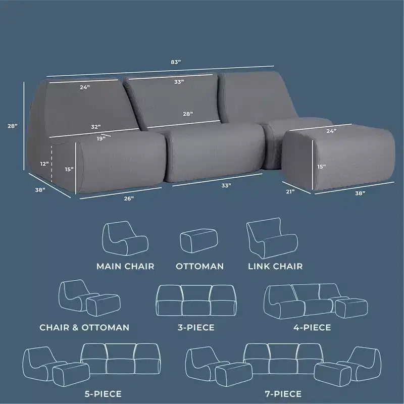 Ensemble de mobilier de patio extérieur Big Joe Solvana, canapé en cuir surpiqué de silicone Cool Touch résistant aux intempéries, sectionnel 4 pièces, Gris Clair de Lune