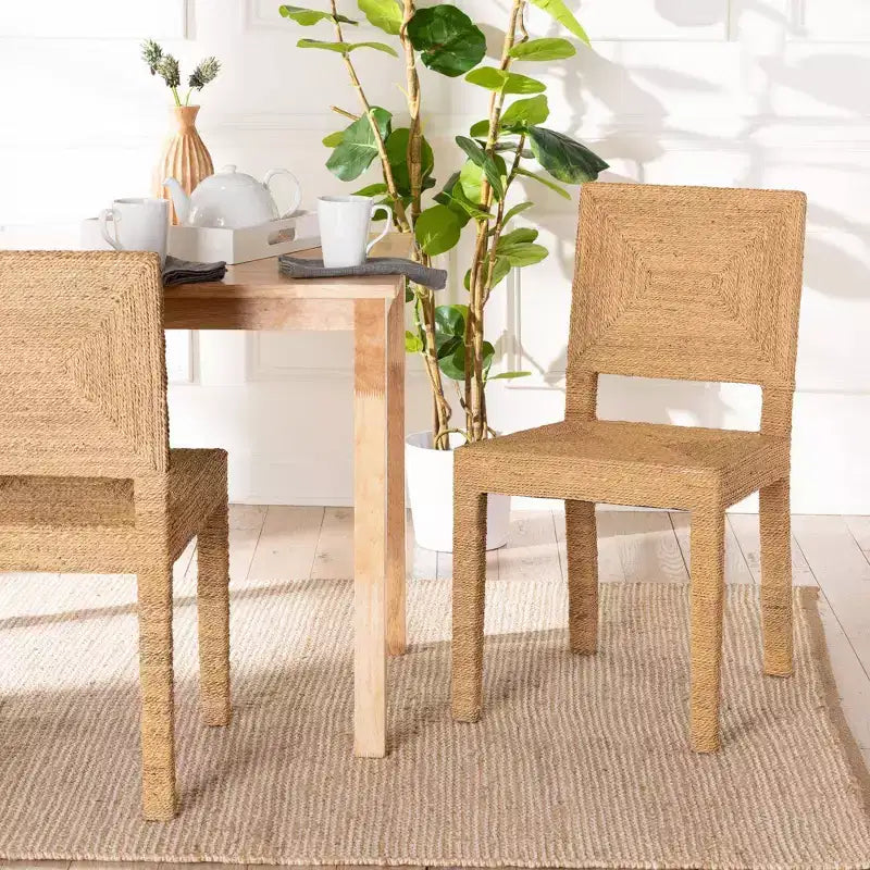 Natural Seagrass and Mahogany Wood Dining Chair, Solid Pattern, No Assembly Required