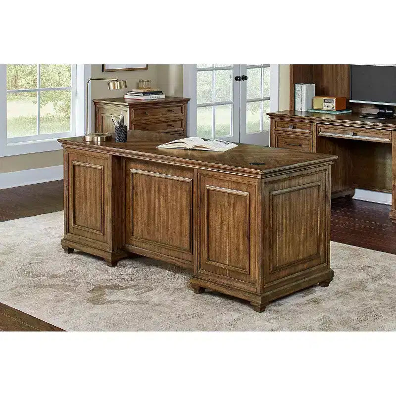 Traditional Wood Double Pedestal Executive Desk, 68.5" Wide, No Assembly, Brown