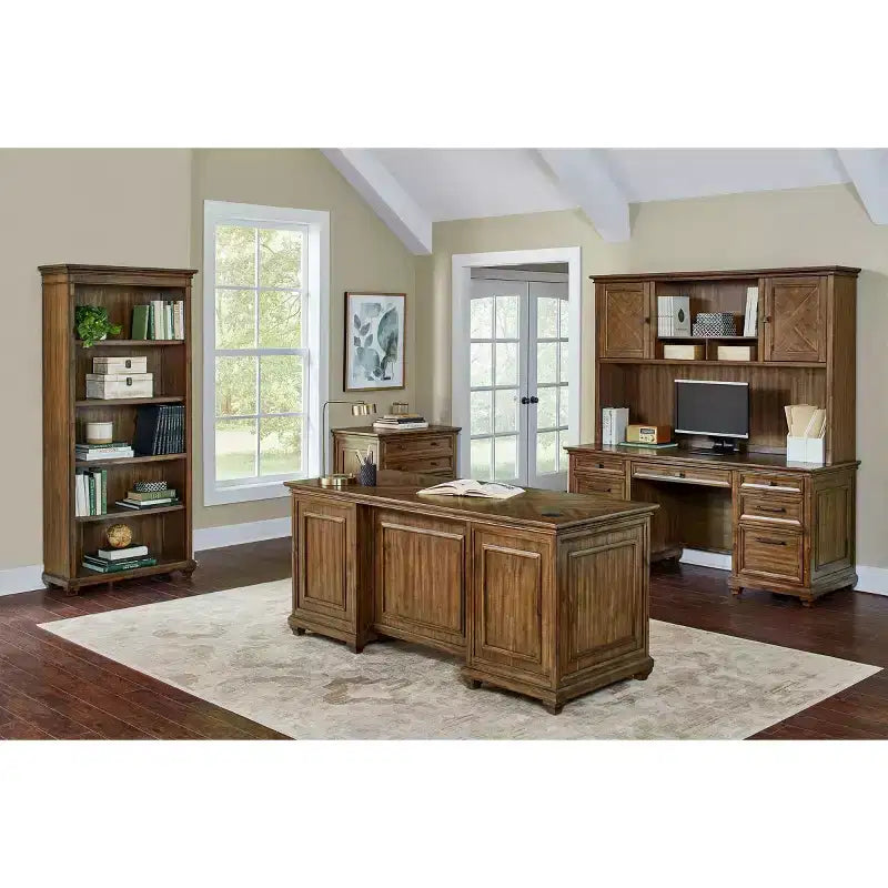 Traditional Wood Double Pedestal Executive Desk, 68.5" Wide, No Assembly, Brown