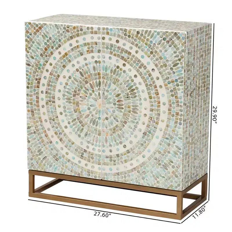 Mother of Pearl and Metal Storage Cabinet, Mosaic White/Gold, Fixed Shelves, No Assembly Required