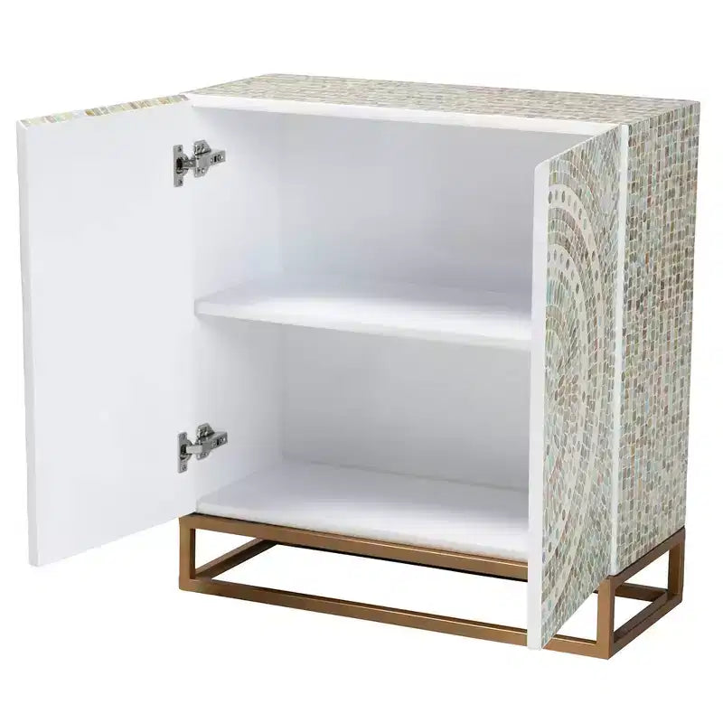 Mother of Pearl and Metal Storage Cabinet, Mosaic White/Gold, Fixed Shelves, No Assembly Required