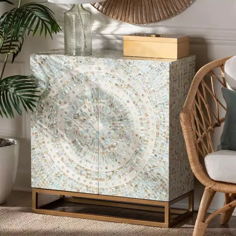 Mother of Pearl and Metal Storage Cabinet, Mosaic White/Gold, Fixed Shelves, No Assembly Required