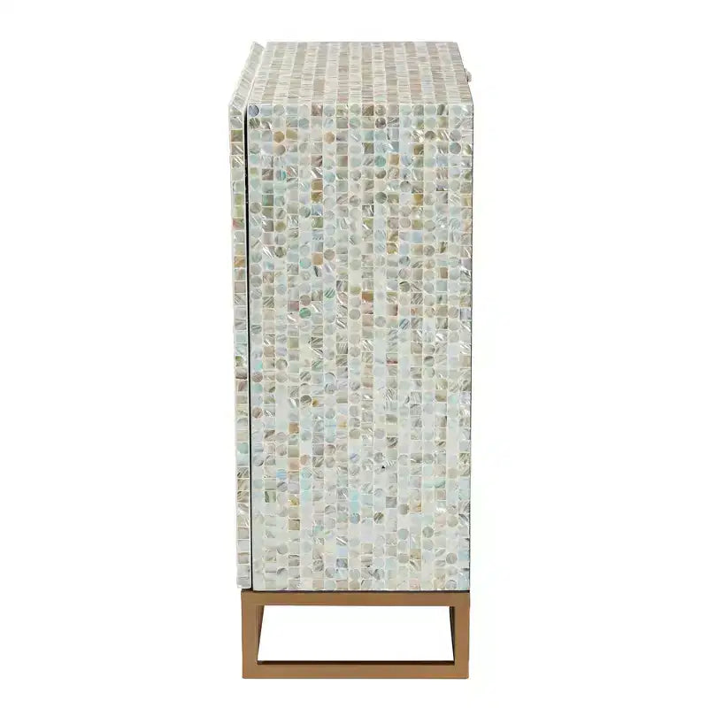 Mother of Pearl and Metal Storage Cabinet, Mosaic White/Gold, Fixed Shelves, No Assembly Required