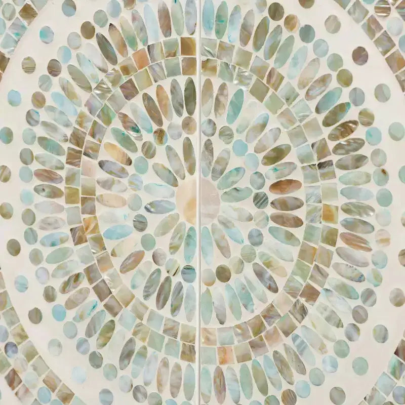 Mother of Pearl and Metal Storage Cabinet, Mosaic White/Gold, Fixed Shelves, No Assembly Required