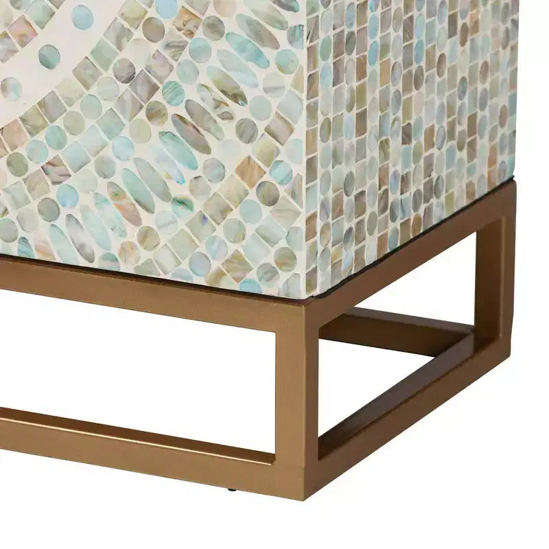 Mother of Pearl and Metal Storage Cabinet, Mosaic White/Gold, Fixed Shelves, No Assembly Required