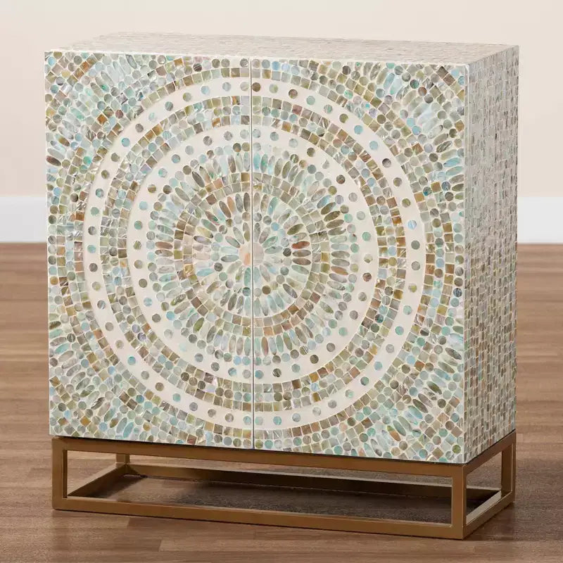 Mother of Pearl and Metal Storage Cabinet, Mosaic White/Gold, Fixed Shelves, No Assembly Required