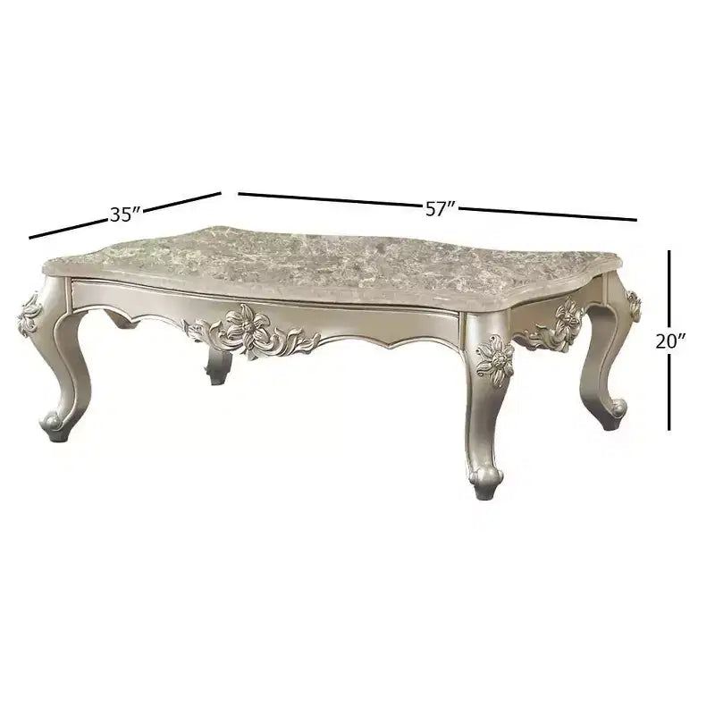 57" Coffee Table with Marble Top and Champagne Metal Base, Living Room Center Table