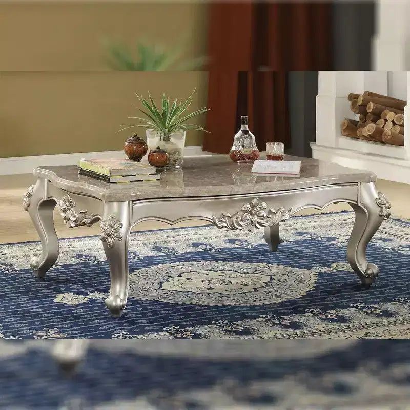 57" Coffee Table with Marble Top and Champagne Metal Base, Living Room Center Table