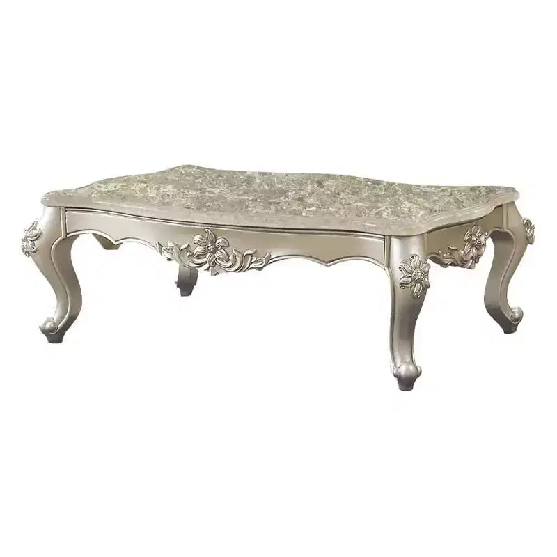 57" Coffee Table with Marble Top and Champagne Metal Base, Living Room Center Table