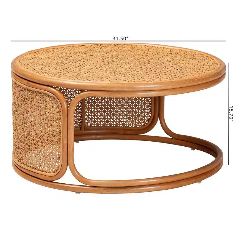 Rattan Coffee Table, Honey Finish, Natural Woven Design for Living Room