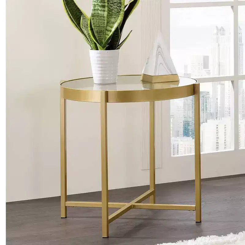 Clear Glass Top Accent Table with Gold Finish Metal Base, Modern Living Room Side Table