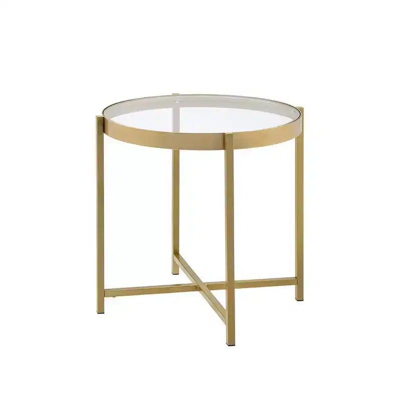 Clear Glass Top Accent Table with Gold Finish Metal Base, Modern Living Room Side Table
