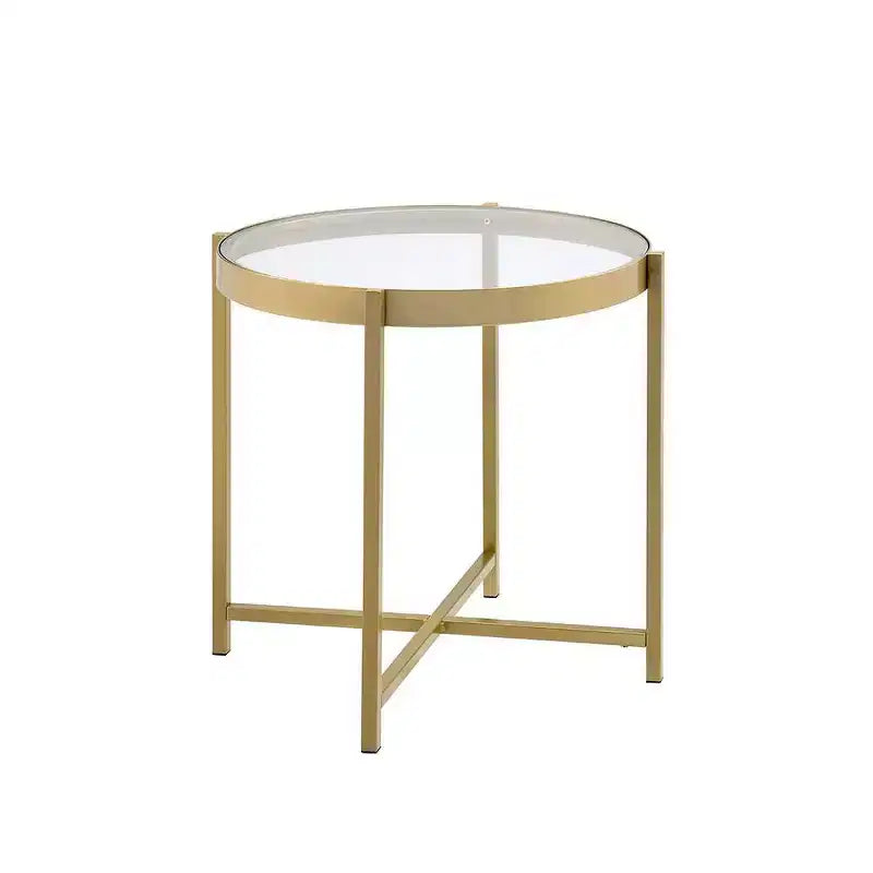 Clear Glass Top Accent Table with Gold Finish Metal Base, Modern Living Room Side Table
