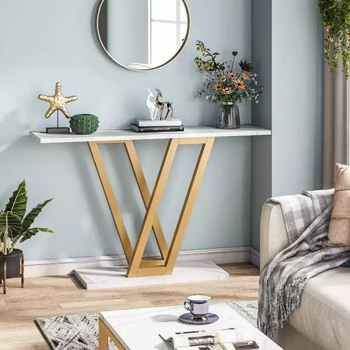 Table console moderne 43" avec cadre en métal, blanche, table d'appoint pour entrée ou salon