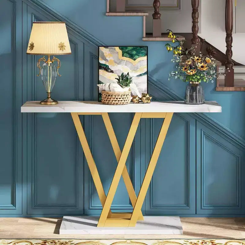 43" Modern Console Table with Metal Frame, White, Entryway or Living Room Accent Table