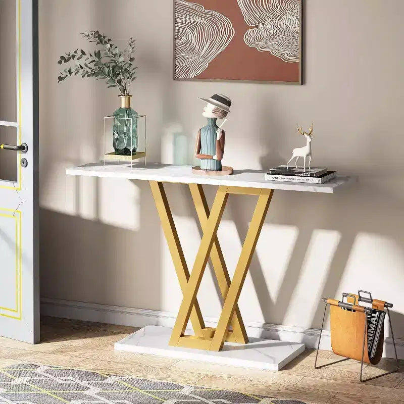 43" Modern Console Table with Metal Frame, White, Entryway or Living Room Accent Table