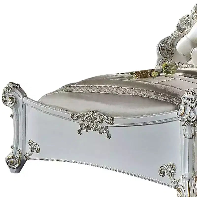 100" California King Bed Frame, Synthetic Leather Upholstery, Antique Pearl Finish