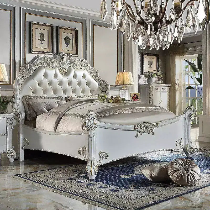 100" California King Bed Frame, Synthetic Leather Upholstery, Antique Pearl Finish
