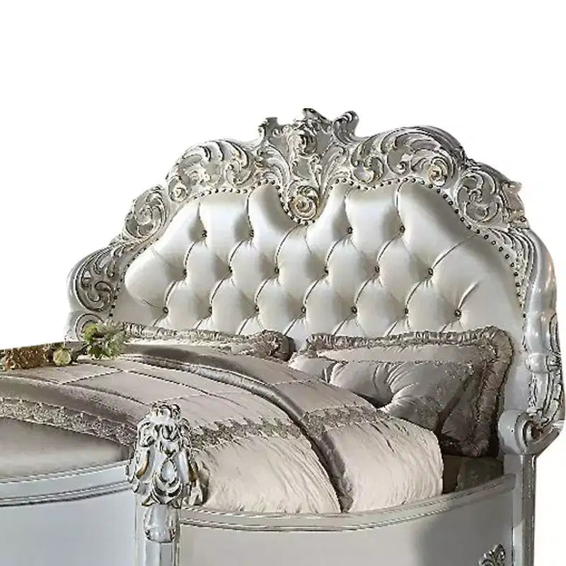 100" California King Bed Frame, Synthetic Leather Upholstery, Antique Pearl Finish