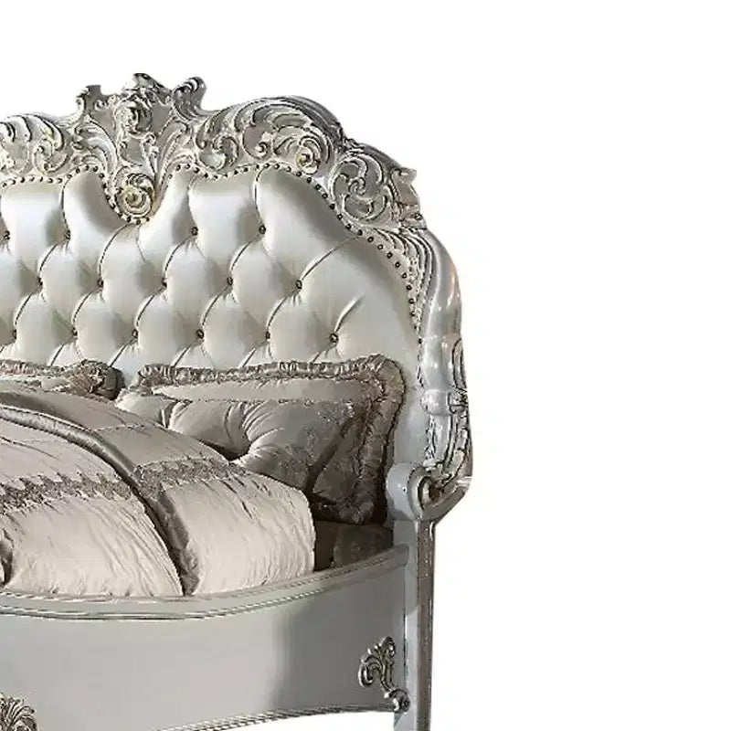 100" California King Bed Frame, Synthetic Leather Upholstery, Antique Pearl Finish