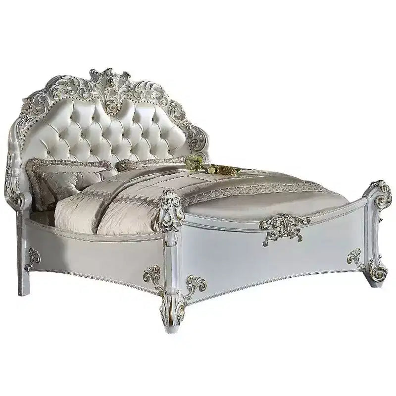 100" California King Bed Frame, Synthetic Leather Upholstery, Antique Pearl Finish