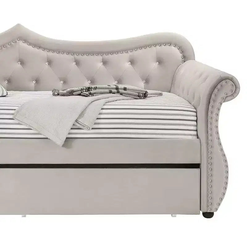 Twin/Full Upholstered Bed Frame, Beige Velvet, Platform Base for Kids or Adults
