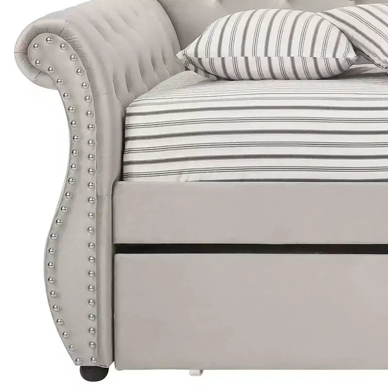 Twin/Full Upholstered Bed Frame, Beige Velvet, Platform Base for Kids or Adults