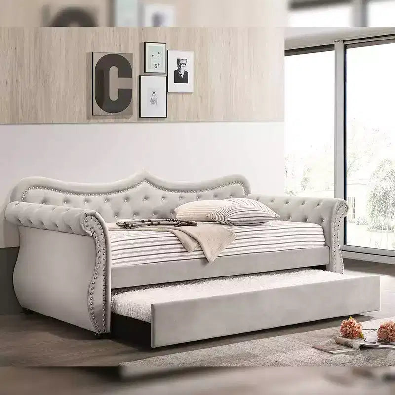 Twin/Full Upholstered Bed Frame, Beige Velvet, Platform Base for Kids or Adults
