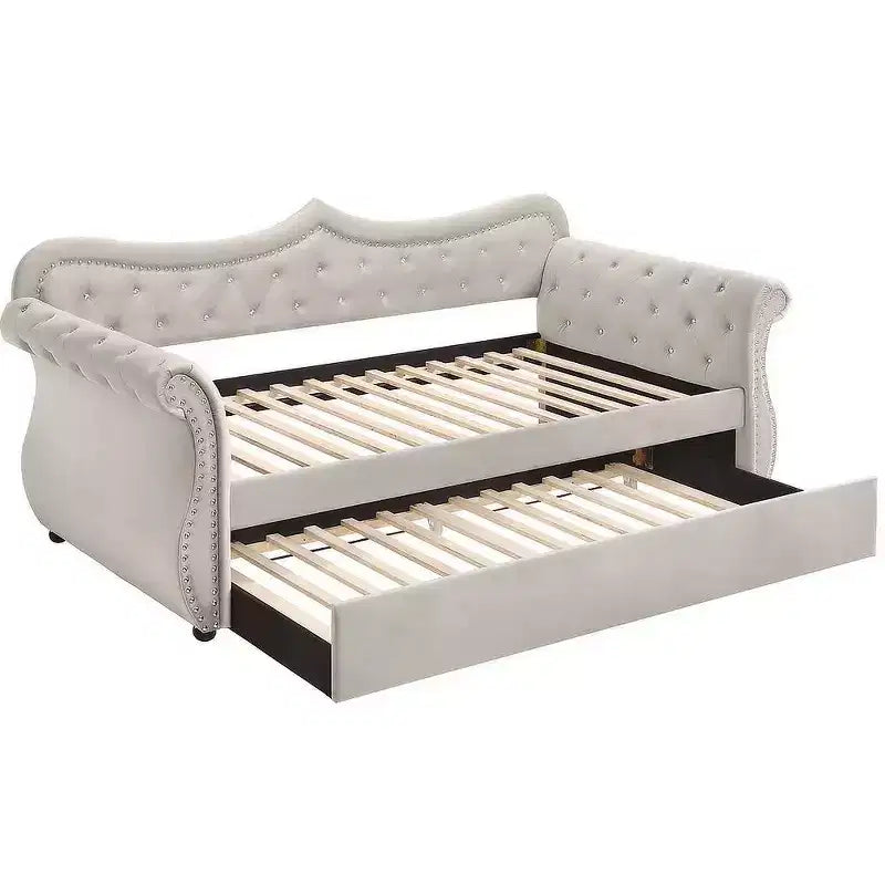 Twin/Full Upholstered Bed Frame, Beige Velvet, Platform Base for Kids or Adults
