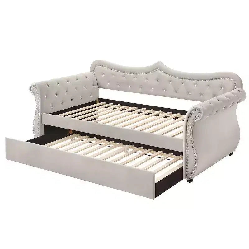 Twin/Full Upholstered Bed Frame, Beige Velvet, Platform Base for Kids or Adults