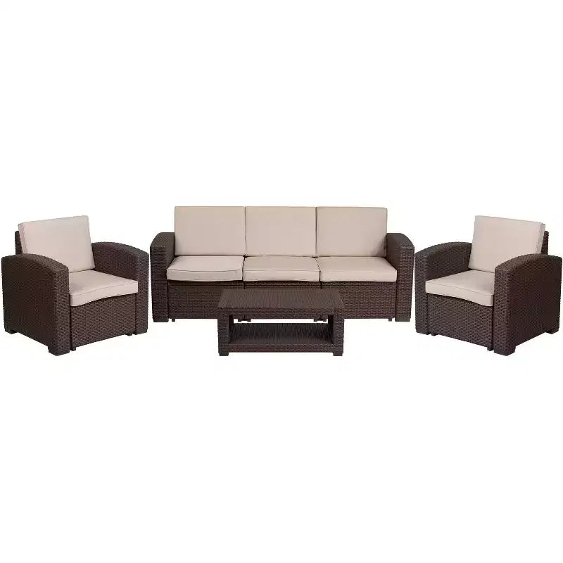 Flash Furniture 4 Piece Outdoor Faux Rattan Chair, Sofa and Table Set in Chocolate Brown
