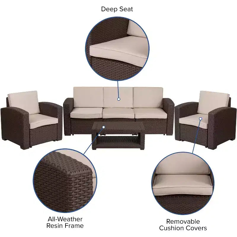Ensemble de 4 pièces Flash Furniture pour l'extérieur en similicuir tressé comprenant 2 fauteuils, 1 canapé et 1 table basse, couleur chocolat