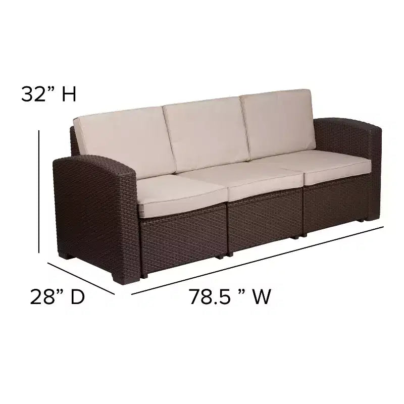 Ensemble de 4 pièces Flash Furniture pour l'extérieur en similicuir tressé comprenant 2 fauteuils, 1 canapé et 1 table basse, couleur chocolat