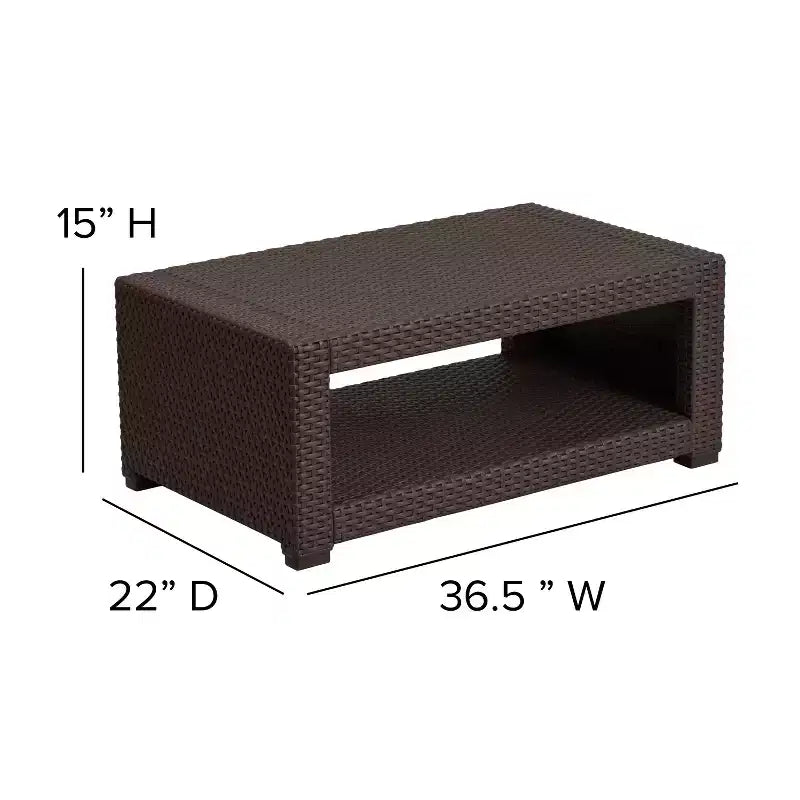 Ensemble de 4 pièces Flash Furniture pour l'extérieur en similicuir tressé comprenant 2 fauteuils, 1 canapé et 1 table basse, couleur chocolat