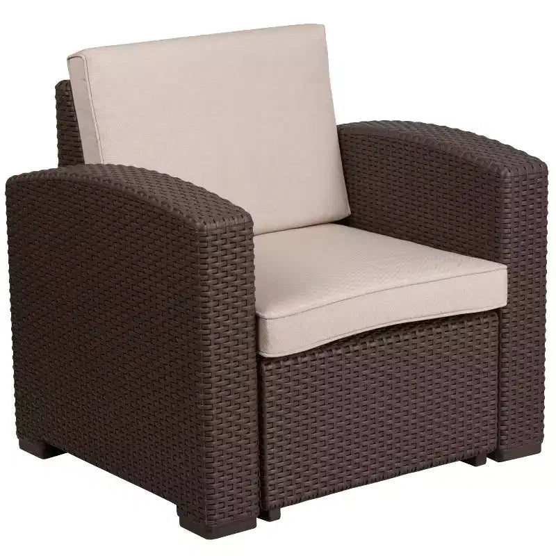 Ensemble de 4 pièces Flash Furniture pour l'extérieur en similicuir tressé comprenant 2 fauteuils, 1 canapé et 1 table basse, couleur chocolat