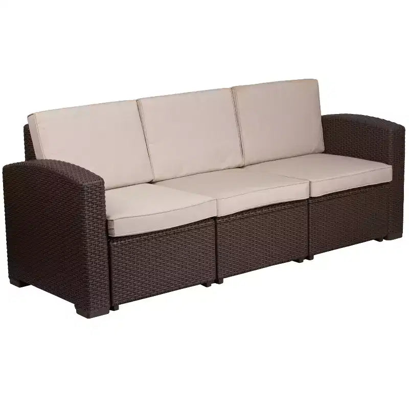 Ensemble de 4 pièces Flash Furniture pour l'extérieur en similicuir tressé comprenant 2 fauteuils, 1 canapé et 1 table basse, couleur chocolat