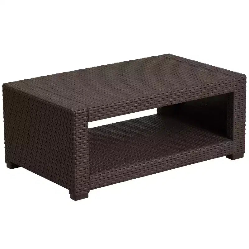 Ensemble de 4 pièces Flash Furniture pour l'extérieur en similicuir tressé comprenant 2 fauteuils, 1 canapé et 1 table basse, couleur chocolat