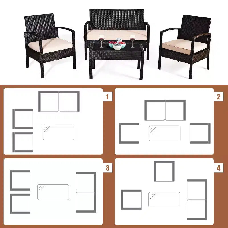 Costway Ensemble de Meubles de Conversation de Jardin en Rotin 8 Pièces avec Coussins et Table en Verre